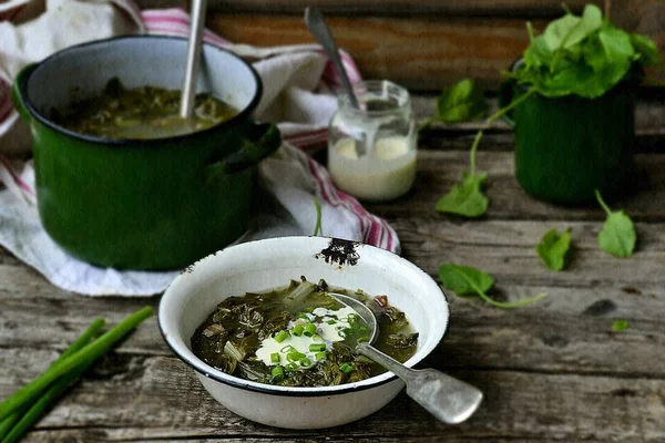 Russian traditional  soup with eggs and sour cream — Stock Photo, Image